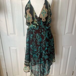Chic Black and Teal Patterned Halter Dress